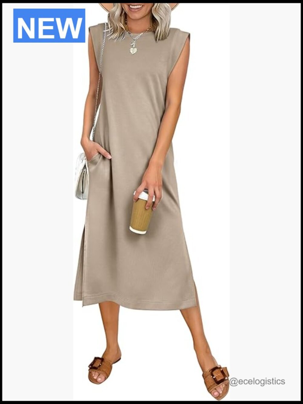 Casual Midi Dress Sleeveless Crewneck Loose Split Wrinkle-Free Beach Travel